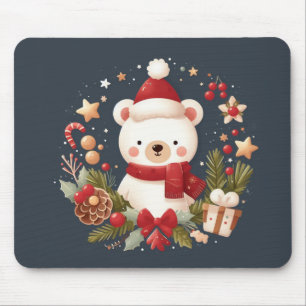 Tapis De Souris Joli ours de Noël/d'hiver en couronne