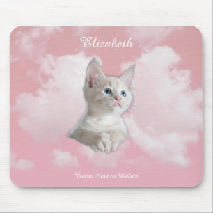 Tapis De Souris Joli Petit Chat Blanc Ciel Rose Nuages Nom, Texte