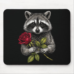 Tapis De Souris Joli Raton Laveur Tenant Une Rose Rouge Doux Raton