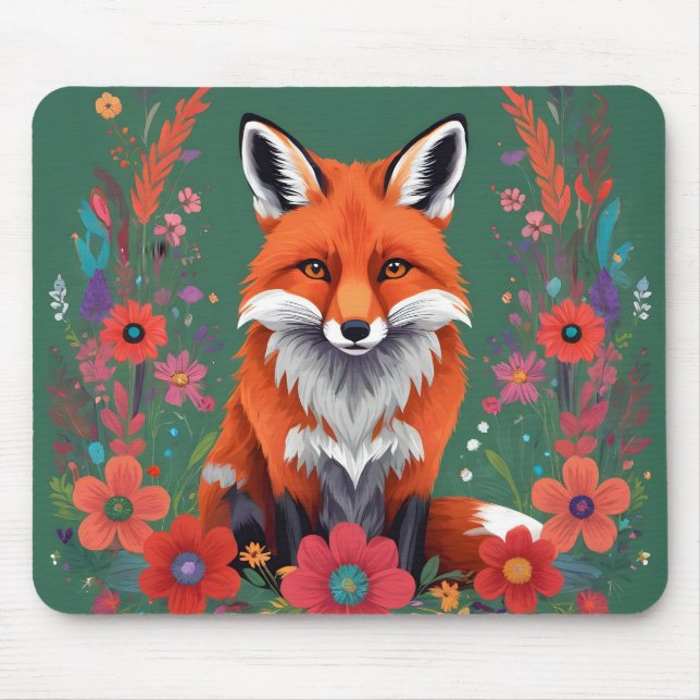 Tapis De Souris Joli renard rouge et fleurs (Devant)
