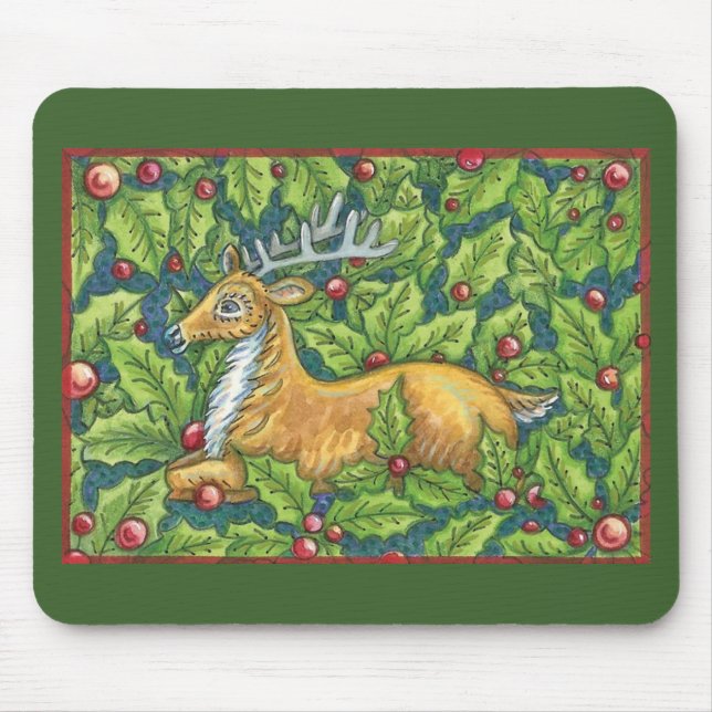 Tapis De Souris Joli renne de Noël en forêt avec Holly (Devant)