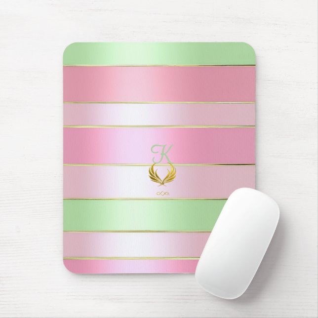 Tapis De Souris Joli rose et vert pastel monogrammé  (Avec souris)