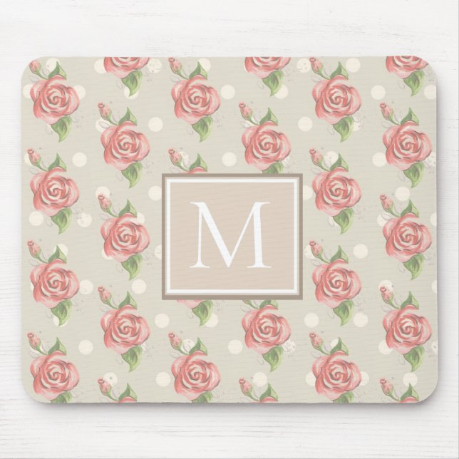 Tapis De Souris Joli rose Roses et points Monogramme (Devant)