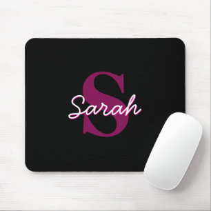 Tapis De Souris Joli script de monogramme rose et noir personnalis