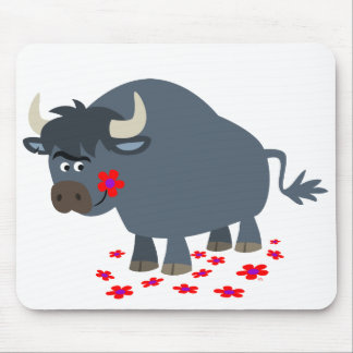 Tapis De Souris Joli taureau de caricature et Mousepad en fleur ro