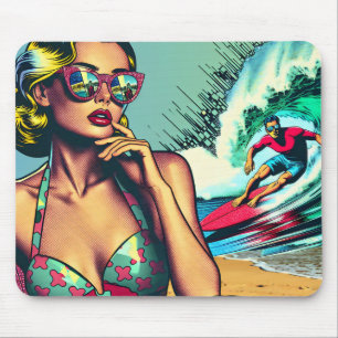 Tapis De Souris Jolie Blonde Rétro Femme et Surfer Guy