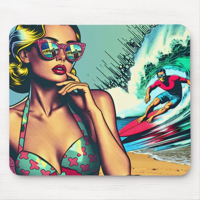 Tapis De Souris Jolie Blonde Rétro Femme et Surfer Guy (Devant)
