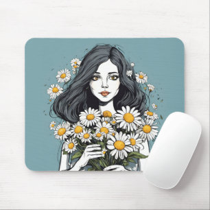 Tapis De Souris Jolie Dame Avec Bouquet Daisy