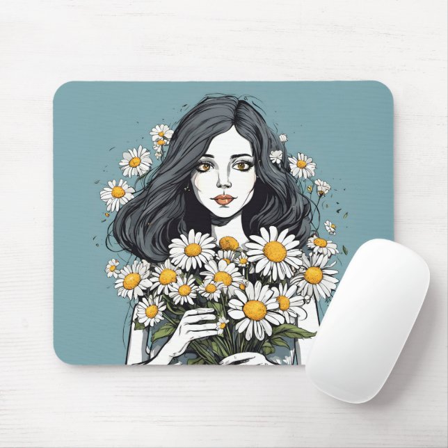 Tapis De Souris Jolie Dame Avec Bouquet Daisy (Avec souris)