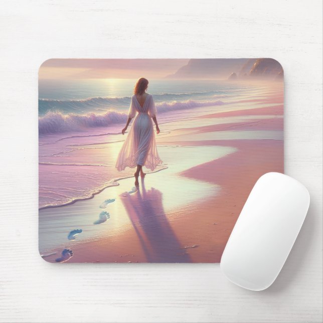 Tapis De Souris Jolie Femme Laissant des empreintes sur une plage (Avec souris)
