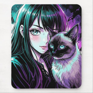 Tapis De Souris Jolie Fille d'Anime et Chat Siamois