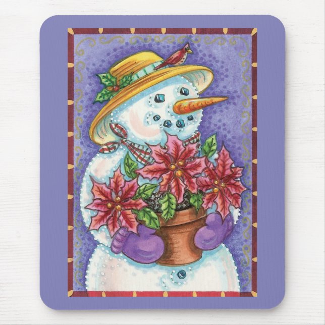 Tapis De Souris Jolie fille de Noël Snowman avec Poinsettia (Devant)