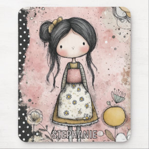 Tapis De Souris Jolie Fille en Rose avec une Robe à Imprimé de Mar