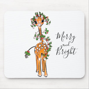 Tapis De Souris Jolie girafe de Noël tirant des guirlandes vert ro