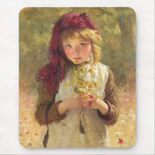 Tapis De Souris Jolie jeune fille tenant des fleurs de bouton d'or