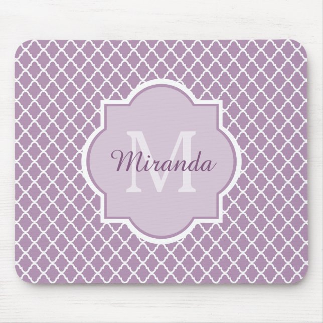 Tapis De Souris Jolie Lavande Purple Quatrefoil Nom Monogrammé (Devant)