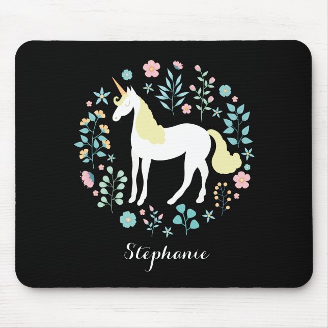 Tapis De Souris Jolie licorne & Fleurs Noir Personnalisé (Devant)