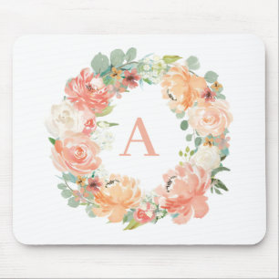 Tapis De Souris Jolie Peach Peonies Eucalyptus Wreath Monogramme