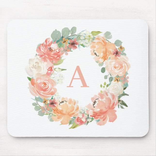 Tapis De Souris Jolie Peach Peonies Eucalyptus Wreath Monogramme (Devant)