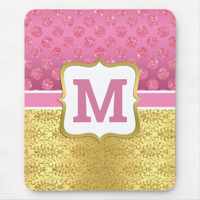 Tapis De Souris Jolie Princesse Rose Paillettes et Art Déco Doré (Devant)