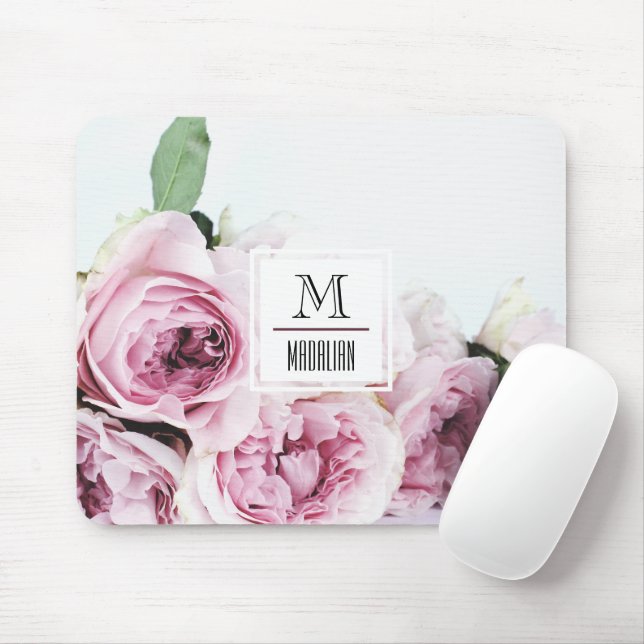 Tapis De Souris Jolie rose monogramme rose rose initiale avec bord (Avec souris)