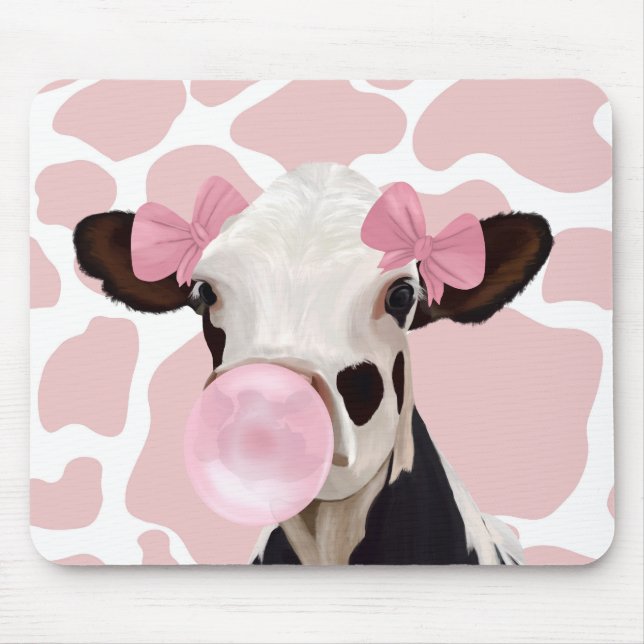 Tapis De Souris Jolie vache fille soufflant Bubblegum rose (Devant)