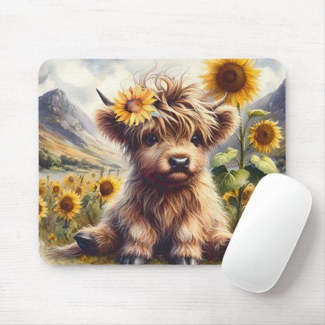 Tapis De Souris Jolie Vache Highland Aux Tournesols (Avec souris)