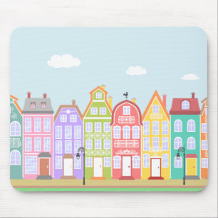 Tapis De Souris Jolie Vieille Ville Caricature Maisons Mousepad