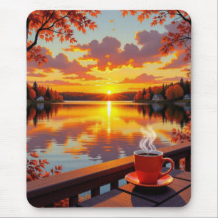 Tapis De Souris Jolie vue du lac au lever du soleil et café chaud
