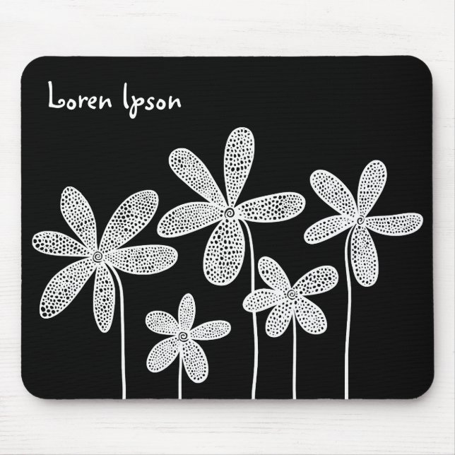 Tapis De Souris Jolies fleurs - Blanc sur Noir (Devant)