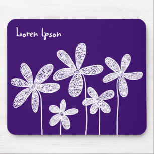 Tapis De Souris Jolies Fleurs - Blanc sur Violet Foncé