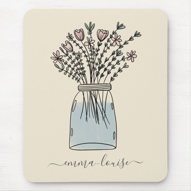 Tapis De Souris Jolies Fleurs Mason Jar Monogramme Lettré main (Devant)