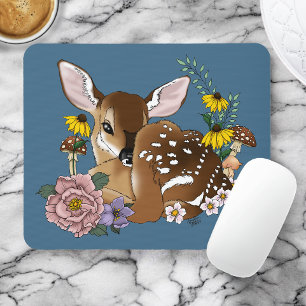 Tapis De Souris Jolies Fleurs Sauvages Faon Bleu Bébé Cerf Forêt