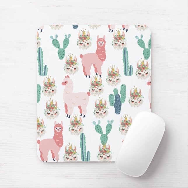 Tapis De Souris Jolis Llamas roses et Cactus vert (Avec souris)