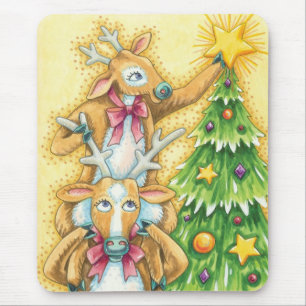 Tapis De Souris Jolis rennes de Noël avec une étoile d'arbre de No