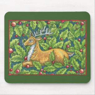 Tapis De Souris Jolis rennes de Noël dans la forêt avec du houx