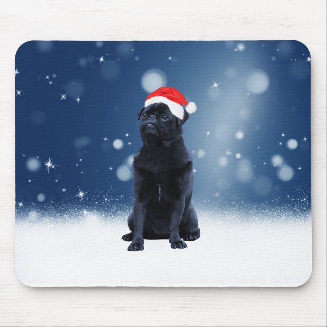 Tapis De Souris Jote Chien Carlin noir Noël Santa Hat Étoiles de n (Devant)