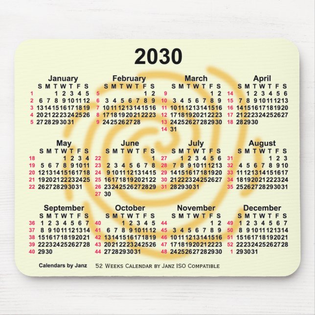 Tapis De Souris Jours ensoleillés 2030 52 semaines Calendrier ISO  (Devant)