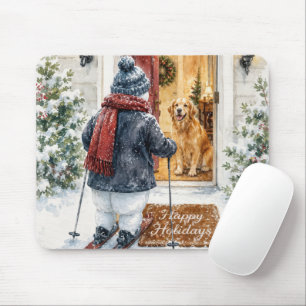 Tapis De Souris Joyeuses Fêtes Bonhomme de Neige sur Skis