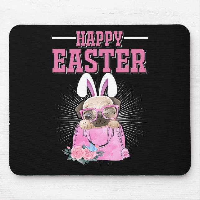 Tapis De Souris Joyeuses Pâques Chien Drôle Pug Lapin  (Devant)