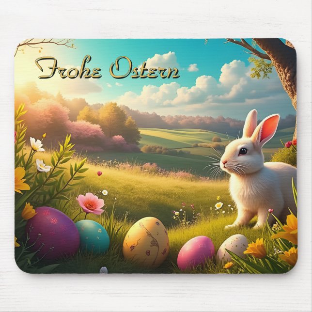 Tapis De Souris Joyeuses Pâques dans un paysage printanier (Devant)