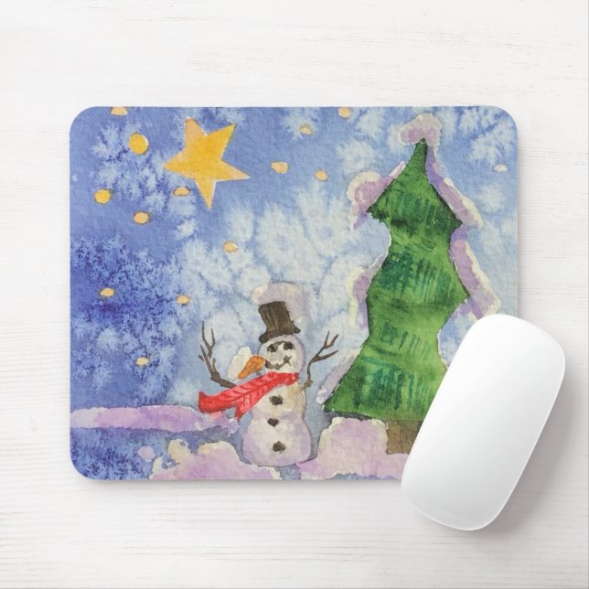 Tapis De Souris Joyeux Arbre De Noël Et Aquarelle De Snowman Froid (Avec souris)