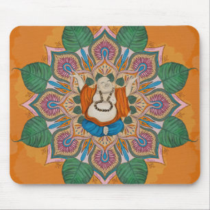 Tapis De Souris Joyeux Bouddha Souriant Bodhi Leaf Mandala