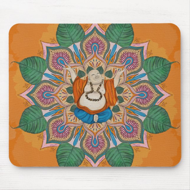Tapis De Souris Joyeux Bouddha Souriant Bodhi Leaf Mandala (Devant)