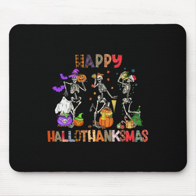 Tapis De Souris Joyeux Hallothanksmas Skeleton Halloween Thanksgiv (Devant)