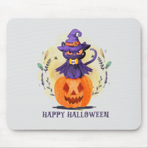 Tapis De Souris Joyeux Halloween - Chat noir sorcier