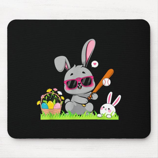 Tapis De Souris Joyeux lapin de Pâques garçon lanceur de baseball (Devant)