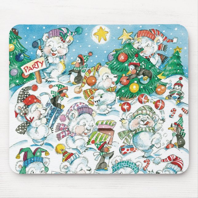 Tapis De Souris Joyeux Noël dessin animé ours polaire manchot fête (Devant)