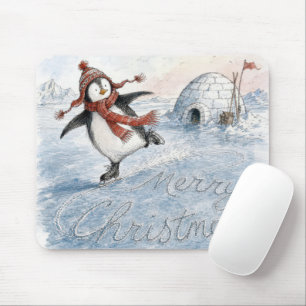 Tapis De Souris Joyeux Noël Manchot sur Patins à Glace