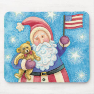 Tapis De Souris Joyeux Noël, Père Noël patriotique avec drapeau